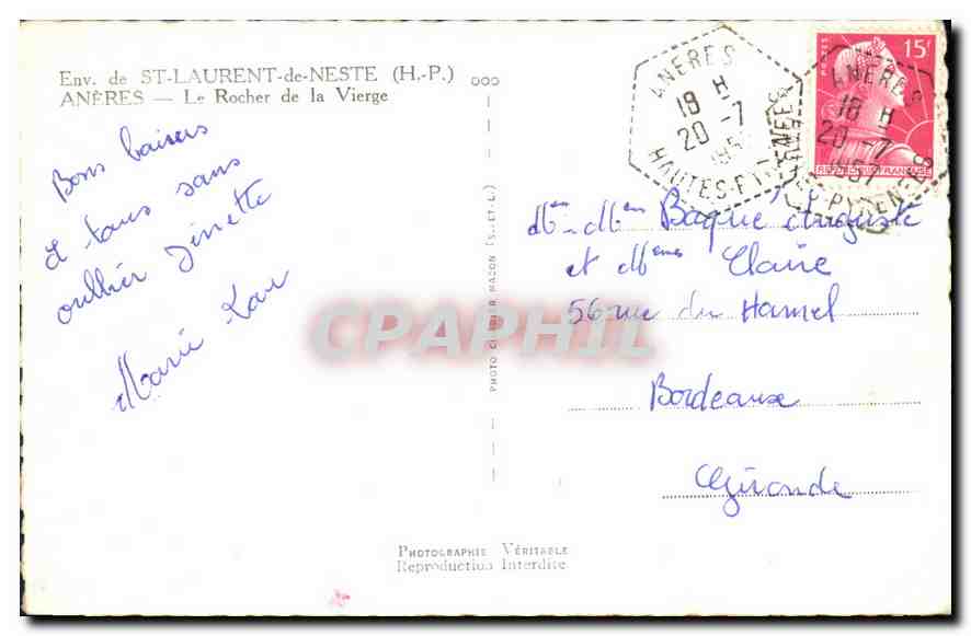 CPA Env de St Laurent de Neste Aneres Le Rocher de la Vierge  — Rückseite