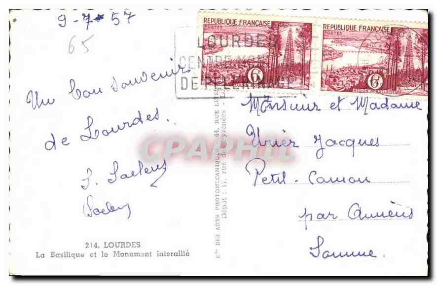 CPA Lourdes La Basilique et le Monument Interallie  — Verso
