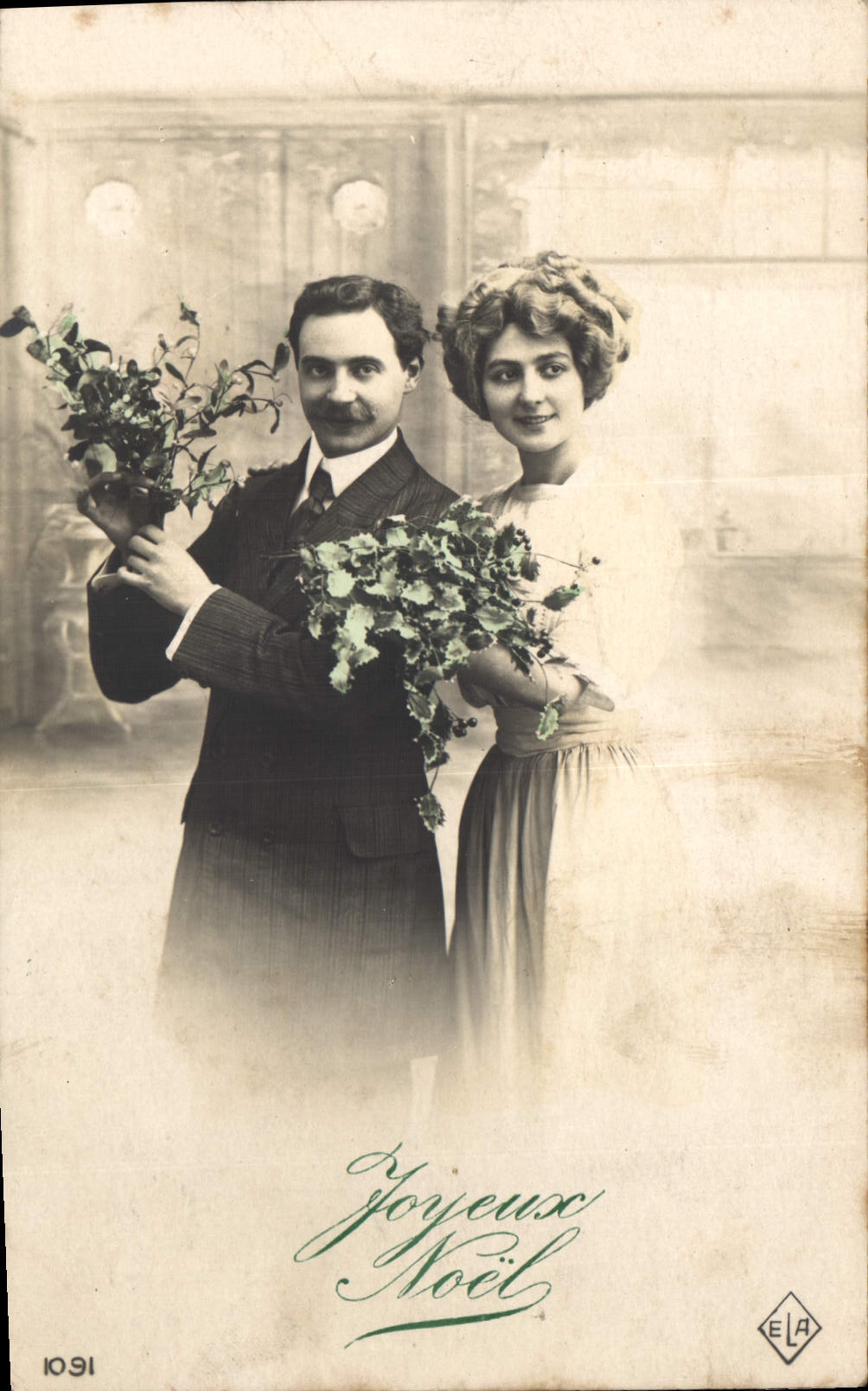 Couple en tenue de Noël — Éditeur E.L.A. n° 1091