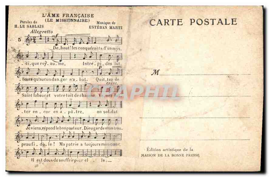 CPA L'Ame Francaise Le Missionnaire Musique de Esteban Marti  — Rückseite