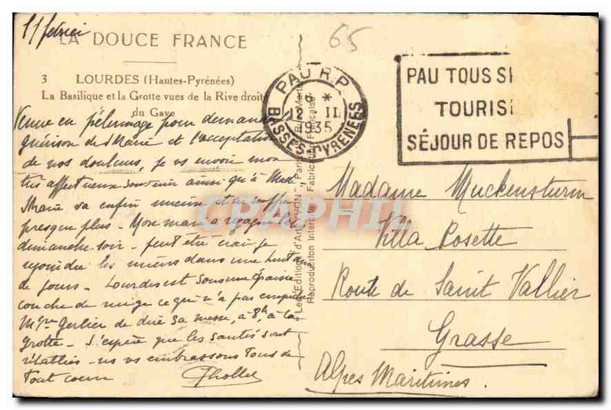CPA Lourdes Hautes Pyrenees La Basilique et la Grotte vues de la Rive Driote du Gave  — Verso