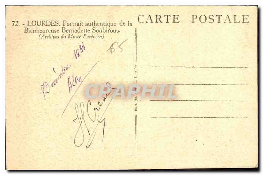 Bernadette Soubirous — Portrait authentique — Archives du Musée Pyrénéen — Verso