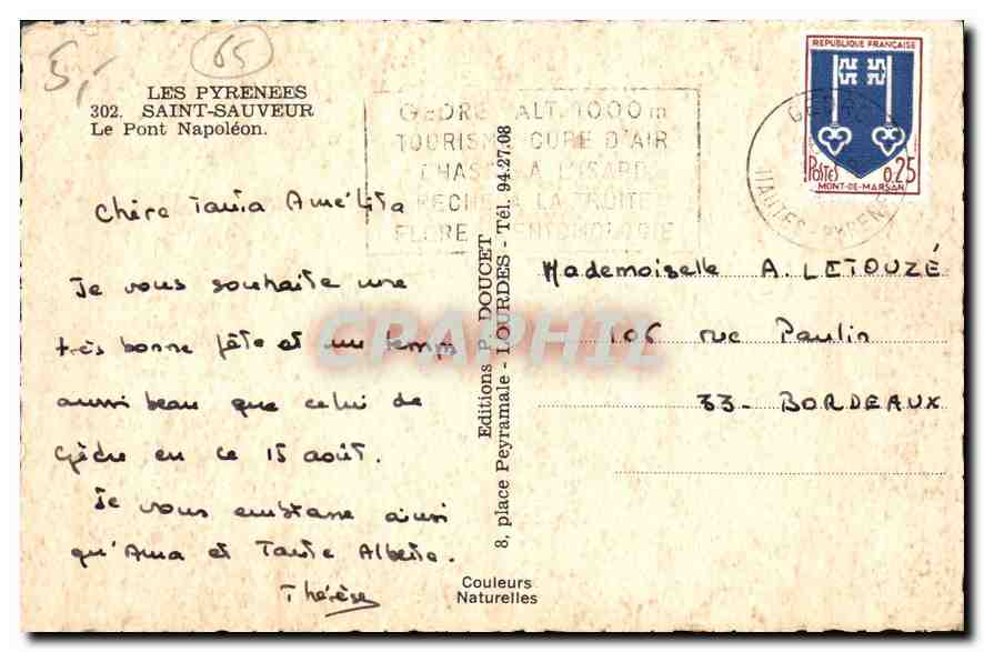 Pont Napoléon — Les Pyrénées — Éditions Peyramale — Verso