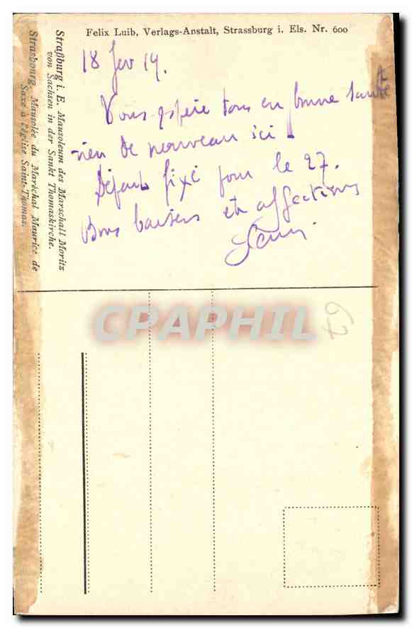 CPA Strasbourg Mausolee du Marechal Maurice de Saxe a l'Eglise Saint Thomas  — Rückseite