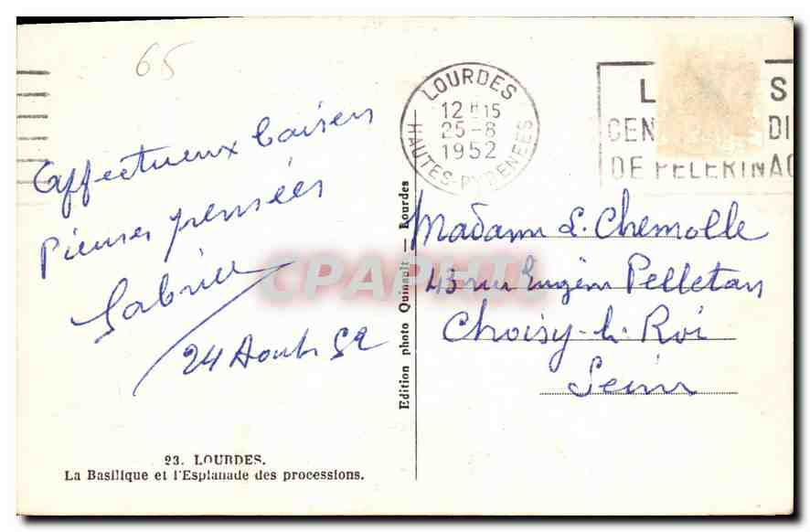Lourdes — La Basilique et l'Esplanade des processions — Édition photo Quinault — Rückseite