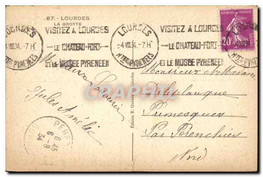 CPA Lourdes La Grotte  — Verso