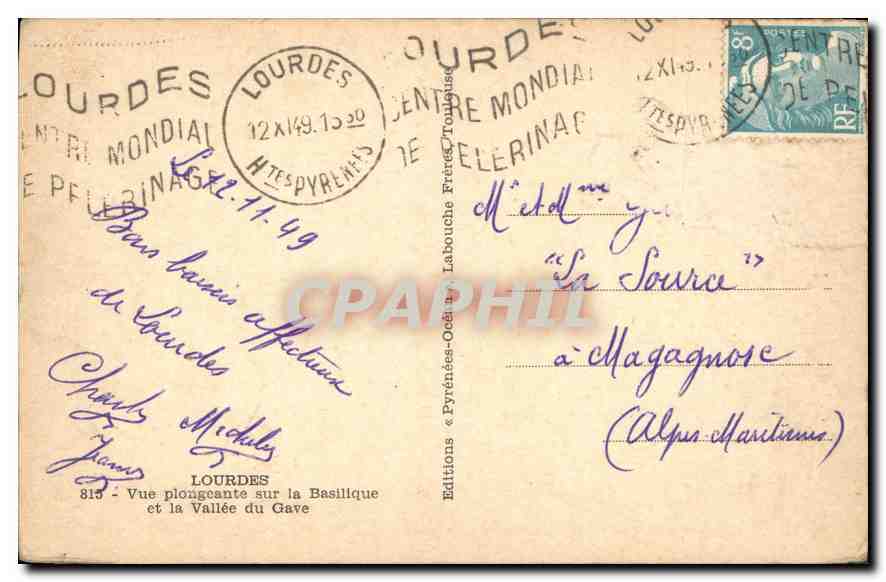 CPA Lourdes Vue plongeante sur la Basilique et la Vallee du Gave  — Verso