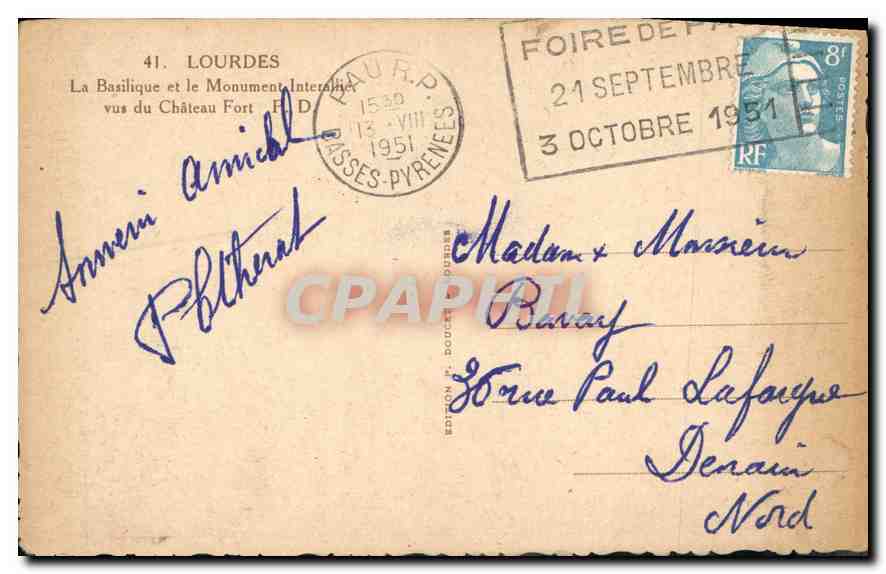 Lourdes — La Basilique et le Monument Interne vus du Château Fort — Éditions Doucet, n°41 — Verso