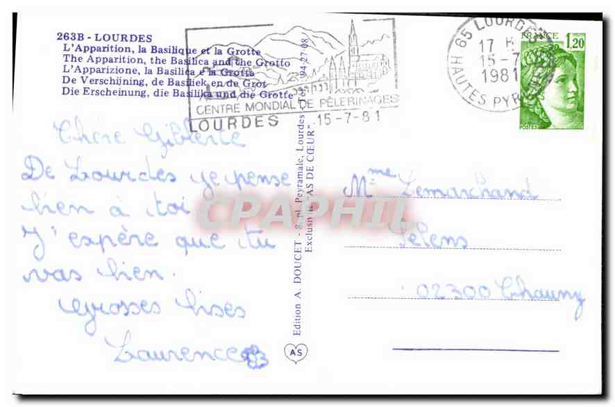 CPA Lourdes L'Apparition la Basilique et la Grotte  — Verso