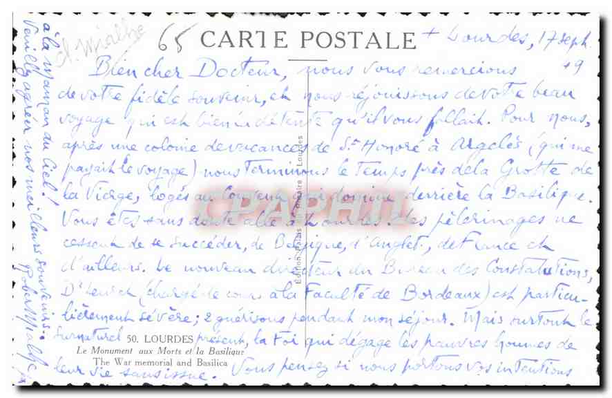 Lourdes — Basilique et Monument aux Morts — Graphphil — Rückseite