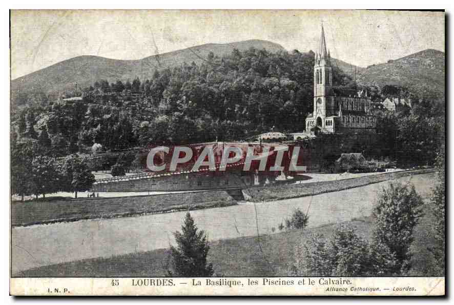 CPA Lourdes La Basilique les Piscines et le Calvaire 