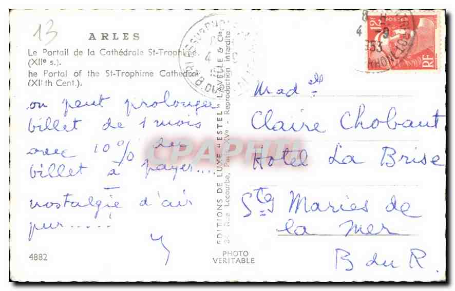 Portail de la Cathédrale Saint-Trophime — Arles — Éditeur Etel, n°4882 — Verso