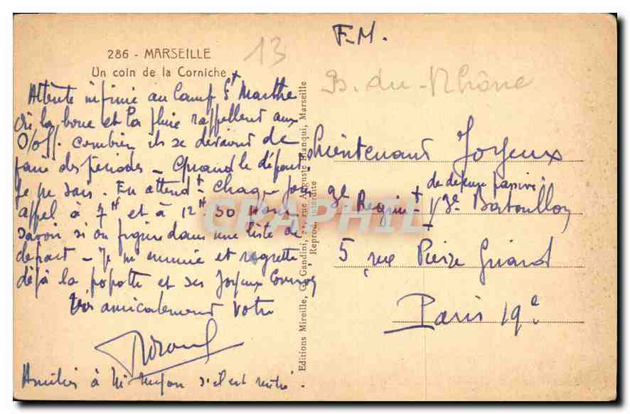 CPA Marseille un Coin de la Corniche  — Verso