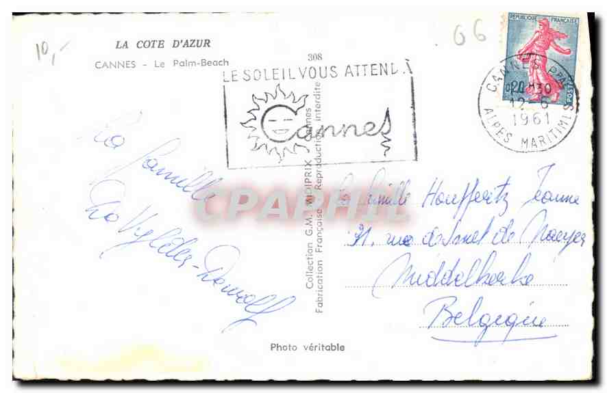 CPA La Cote d'Azur Cannes le Palm Beach  — Rückseite