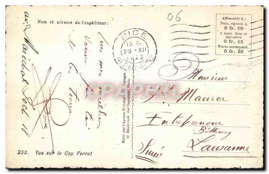 CPA Vue sur le Cap Ferrat  — Verso