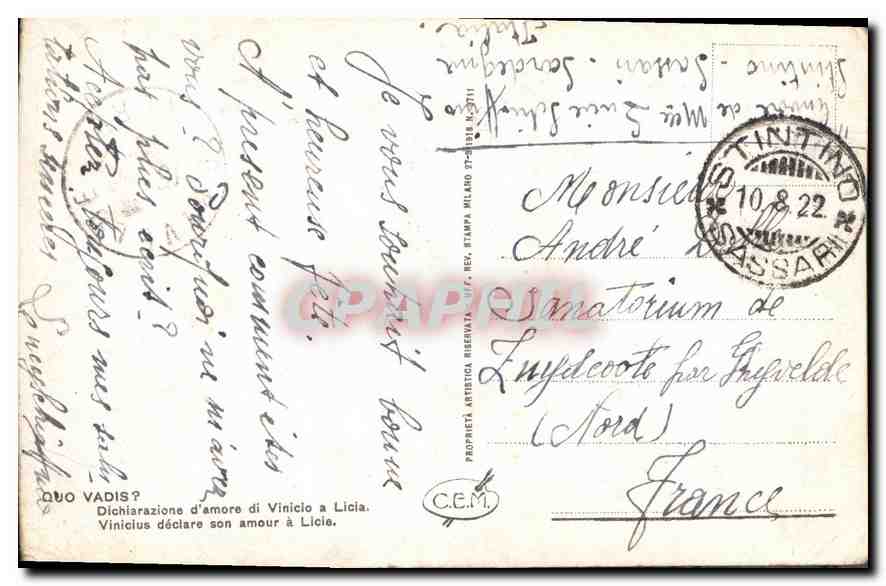 CPA Quo Vadis Viniclus declare son amour a Licie  — Verso