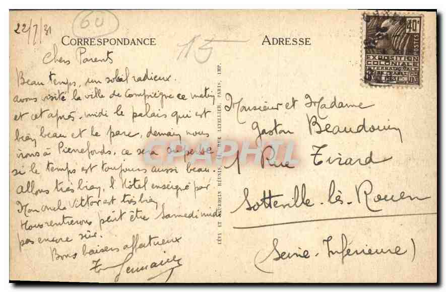 CPA Compiegne le Chateau la facade Cote du Parc  — Rückseite