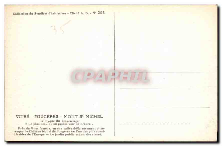 Fougères — Le Château et la Ville haute. — Éditeur : Vitré, n° 203 — Reverso
