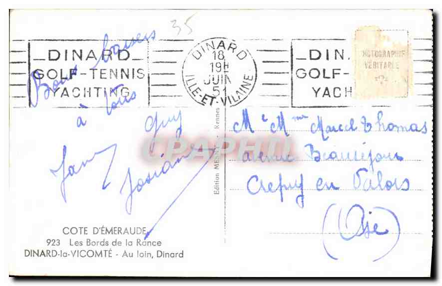 Vue de la côte d'Émeraude à Dinard — Loïc, édition Mésange — Verso