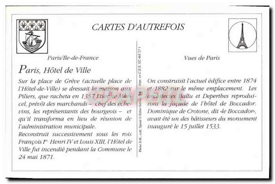 Paris — Hôtel de Ville — Cartes d'autrefois, Vues de Paris, n° 465 271 — Verso