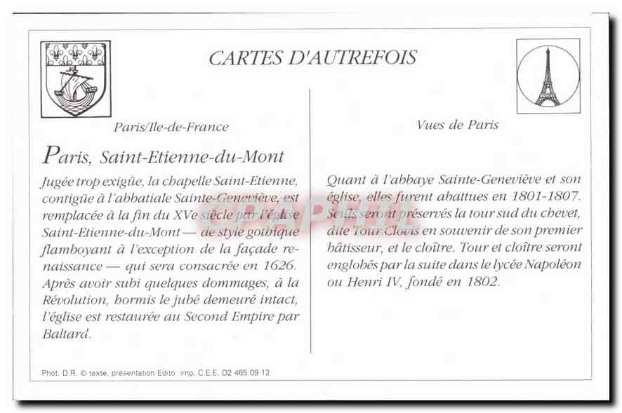 REPRO Paris L'Eglise St Etienne du Mont le Lycee Henri IV et la Tour de Clovis  — Verso