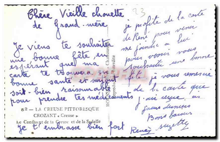 Confluent de la Creuse et de la Sedelle — Crozant — éditeur ROSSI & Cie, n°52 — Verso