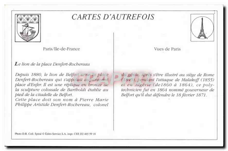 Paris — Le Lion de Belfort — Cartes d'Autrefois — Verso