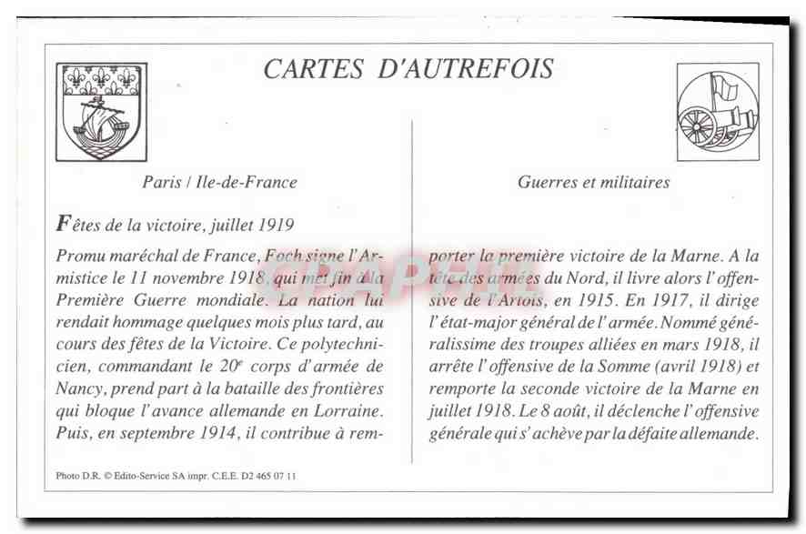 REPRO Les Fetes de la Victoire a Paris 14 Juillet 1919 Remise d'une Gerbe au Marechal Foch  — Rückseite