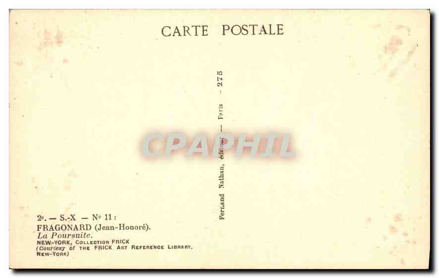CPA Fragonard Jean Honore Le Poursuite New York Collection Frick  — Verso
