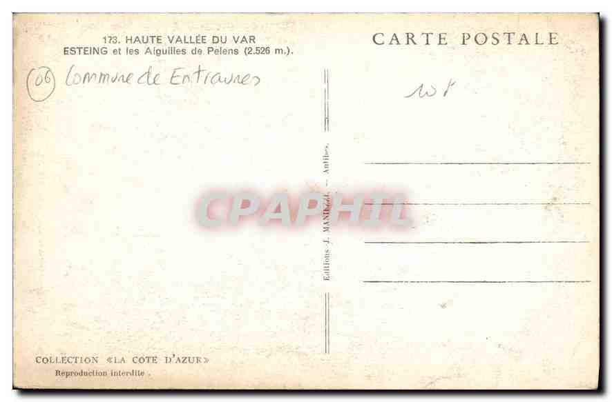 CPA Haute Vallee du Var Esteing et les Aiguilles de Pelens  — Rückseite