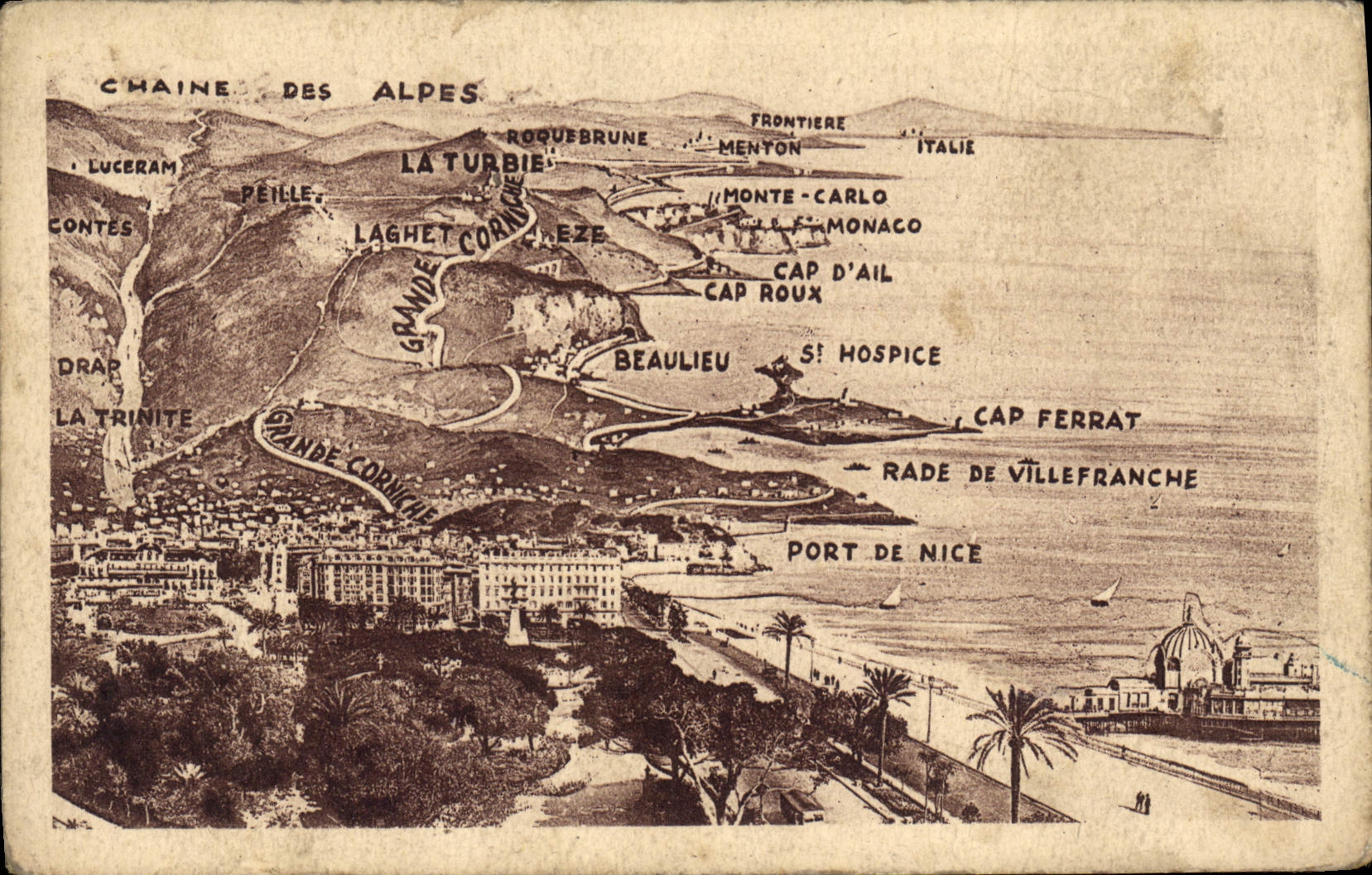 Panorama de la Grande Corniche — Vue de la côte entre Menton et Nice — Éditeur : Le Belvédère d'Èze - Recto