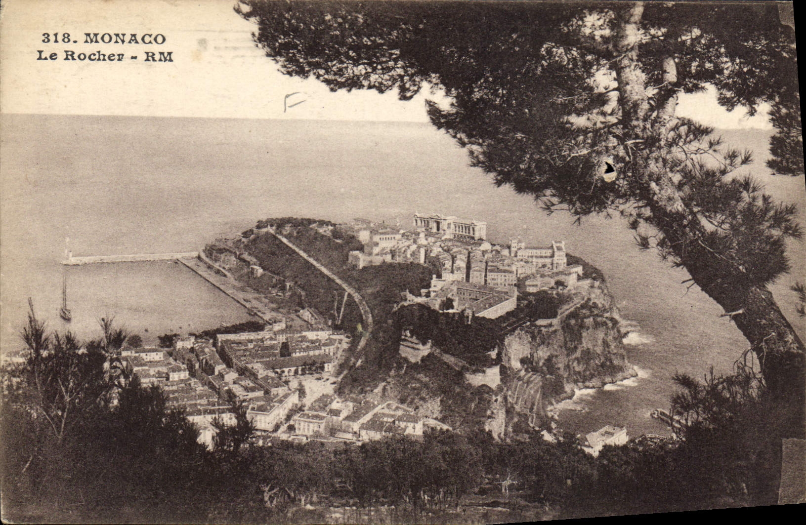 Monaco - Le Rocher - RM — vue panoramique depuis un arbre, éditeur Rostan et Municipalités, n° 318 - Anverso