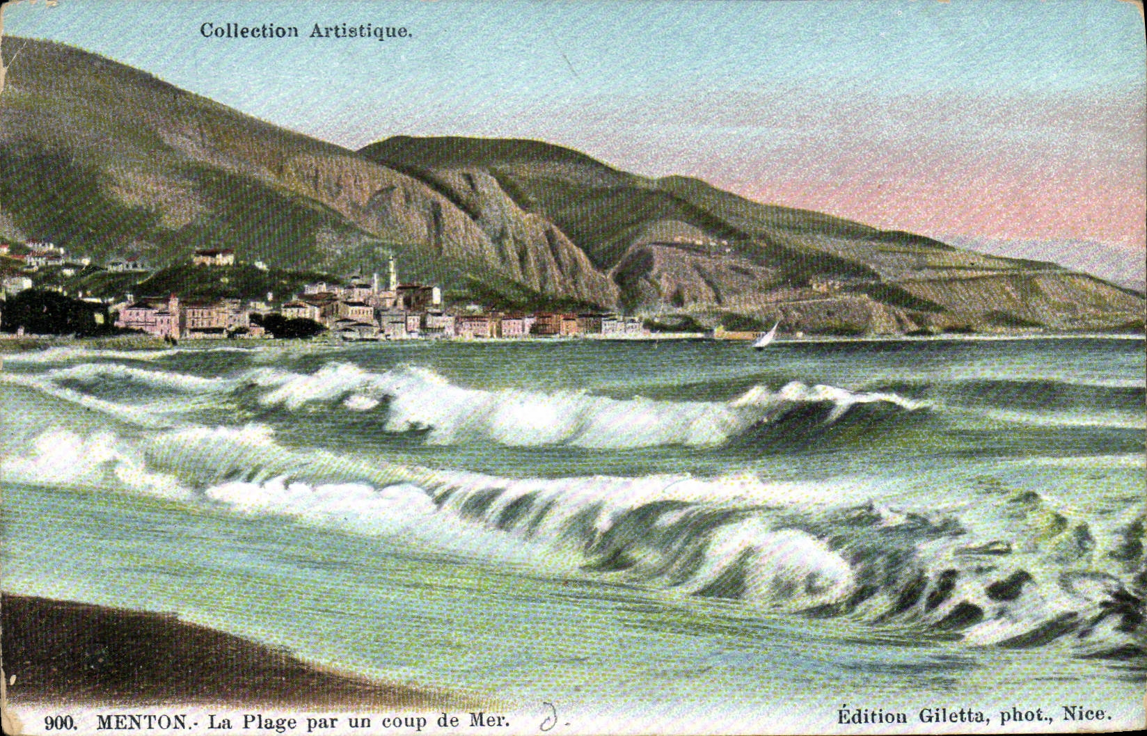 CPA Collection Artistique Menton la Plage par un coup de Mer 