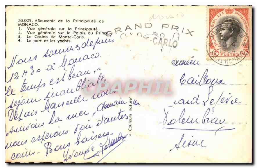 Monaco — Vue générale de la Principauté — éditeur Graphil, n° 20.005 — Verso