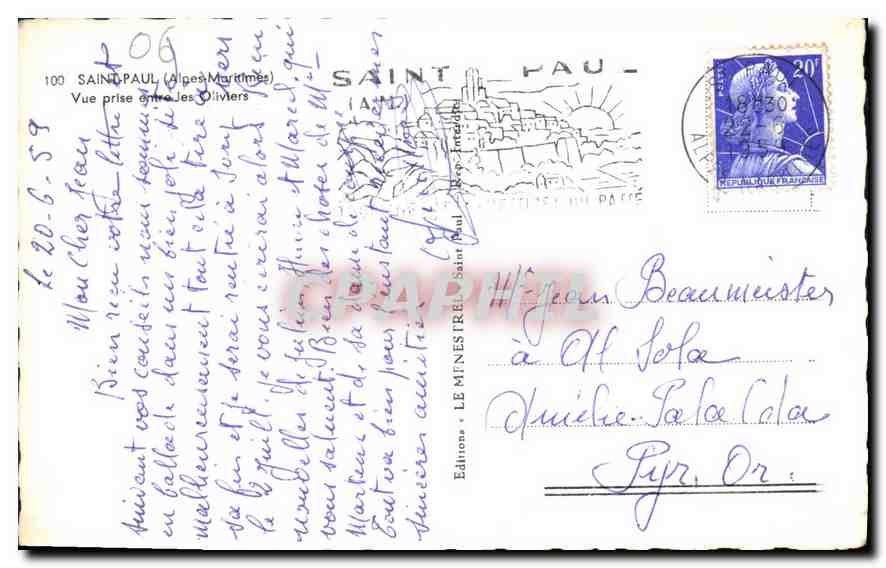 CPA Saint Paul Alpes Maritime Vue prise entre des Oliviers  — Rückseite