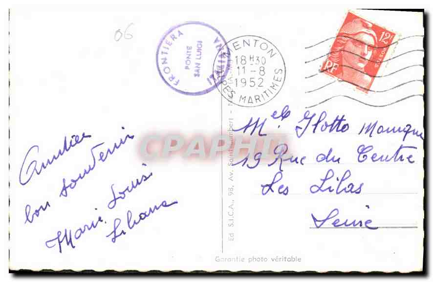 CPA Menton Frontiere Franco Italienne Le Pont St Louis et la Douane Italienne  — Rückseite