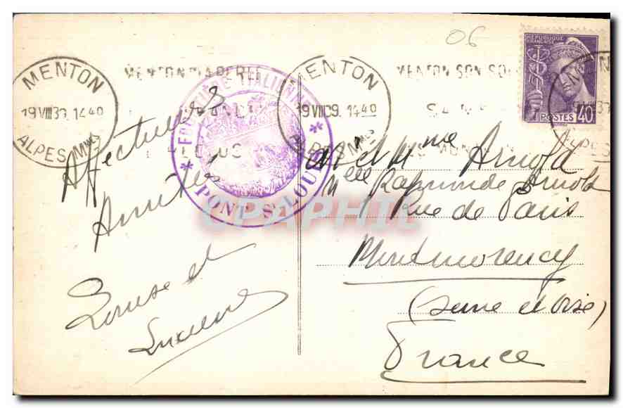 CPA Mentone Grimaldi Ventimiglia Ponte San Luigi Frontiera Italo Francese  — Back