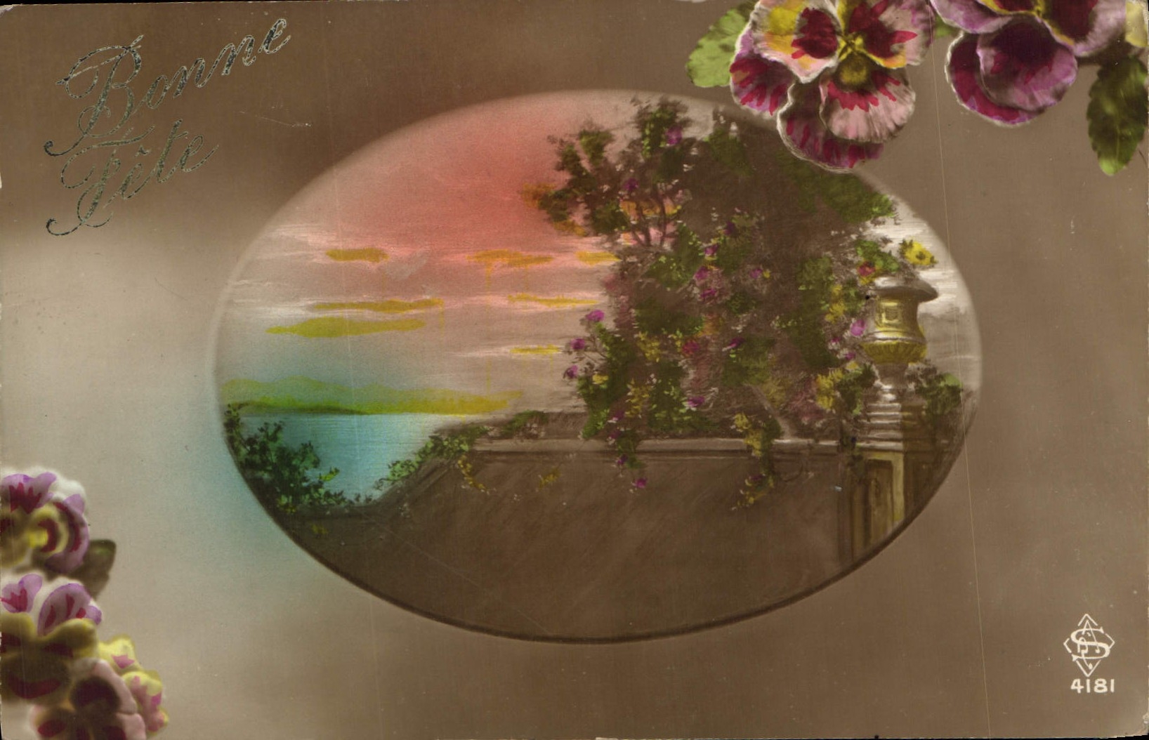 Paysage de coucher de soleil — décor floral — éditeur S. D. n° 4181