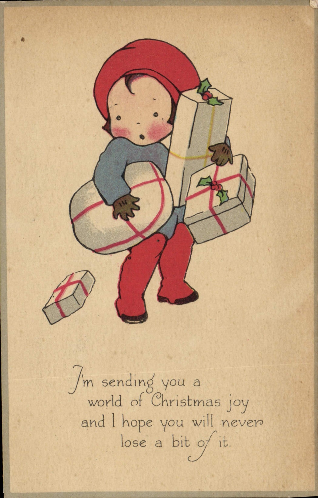 Enfant portant des cadeaux de Noël — illustration — éditeur Wilson, n° 106