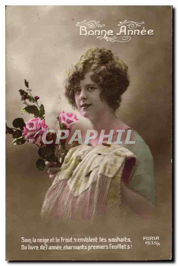Jeune femme tenant des roses — Bonne Année 1935 — Furia