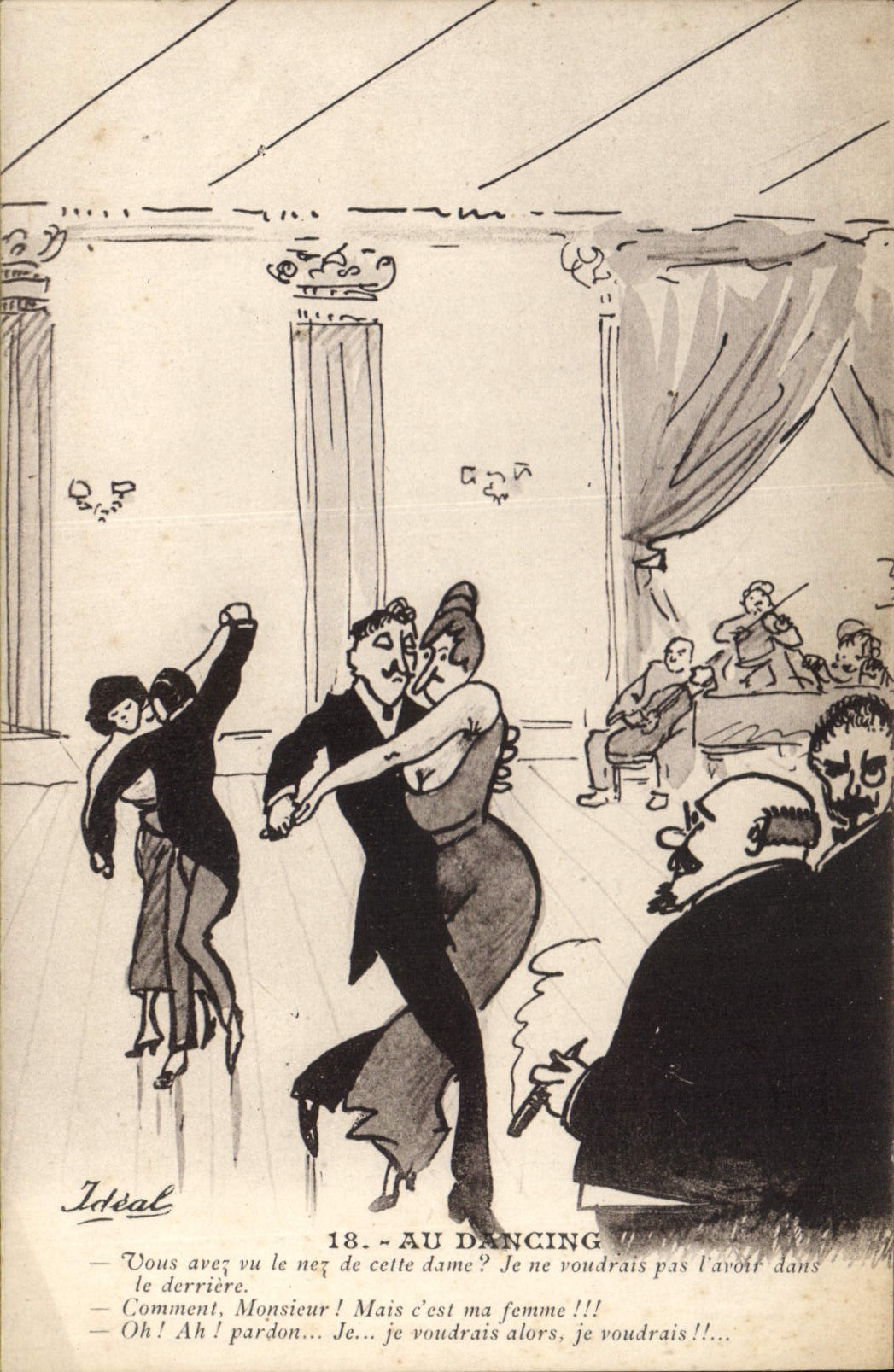 Im Tanzsaal — Karikatur eines tanzenden Paares — Verlag Idéal, Nr. 18