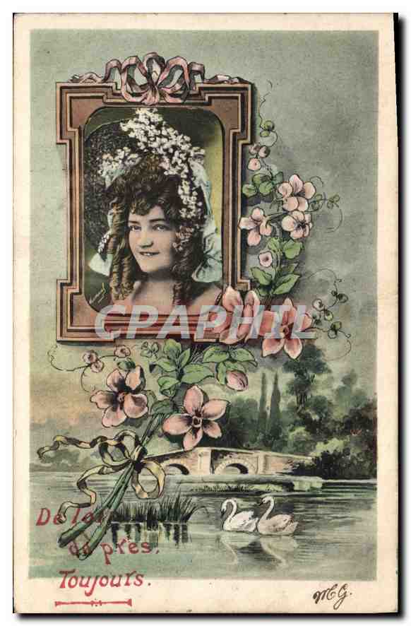 Jeune femme dans un cadre floral — paysage avec cygnes — Még, série 60