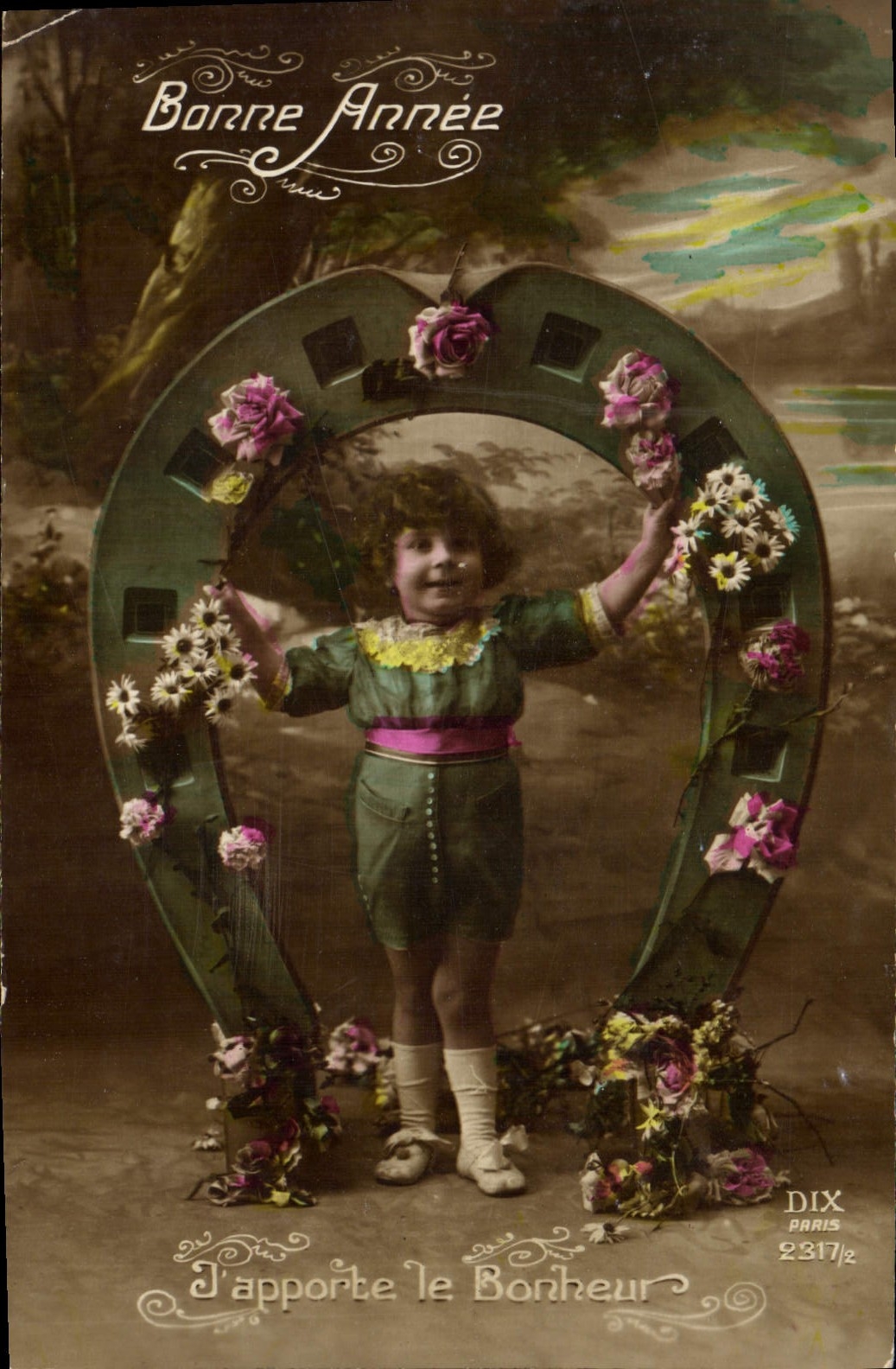 Enfant dans un cerf-volant décoré de fleurs — Bonne Année, j'apporte le Bonheur — DIX PARIS 2317½