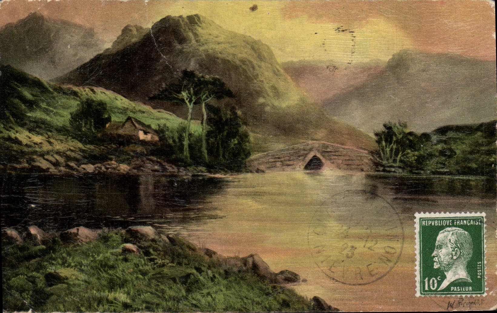 Berglandschaft mit Brücke — unbekannter Verleger — Oleochrome-Serie