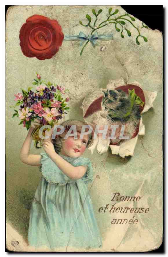 CPA Bonne et heureuse annee Enfant Chat 
