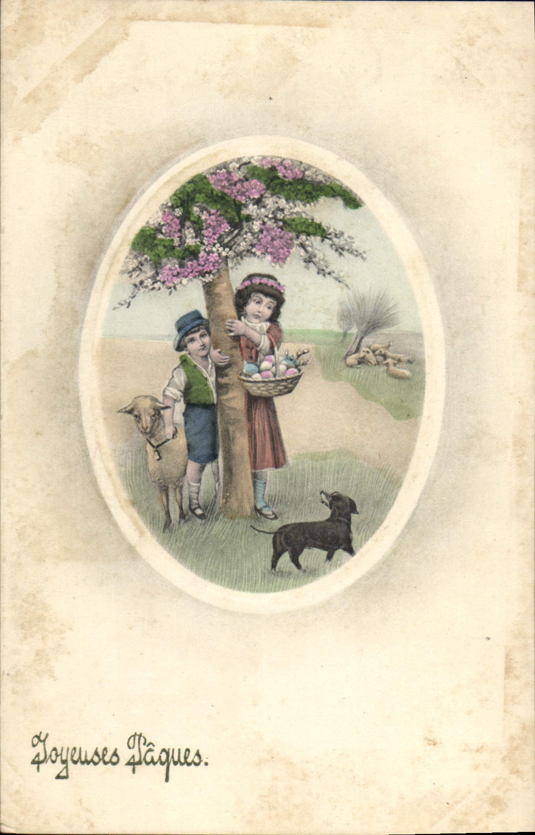CPA Joyeuses Paques Enfants Chien 
