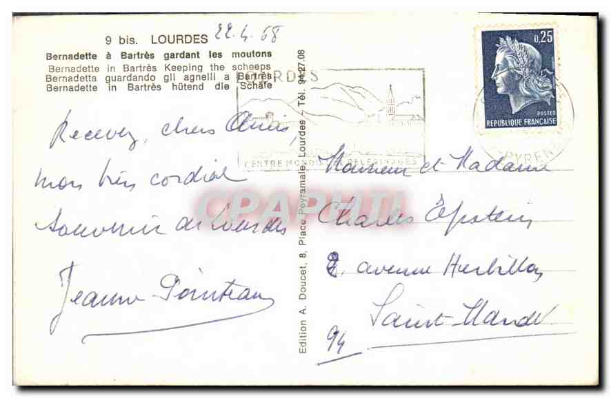 CPA Lourdes Bernadette a Bartres gardant les moutons  — Verso