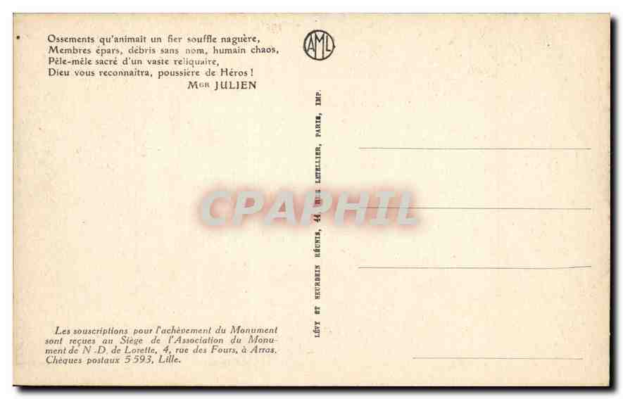 CPA Notre Dame de Lorette La Chapelle Ardente  — Verso