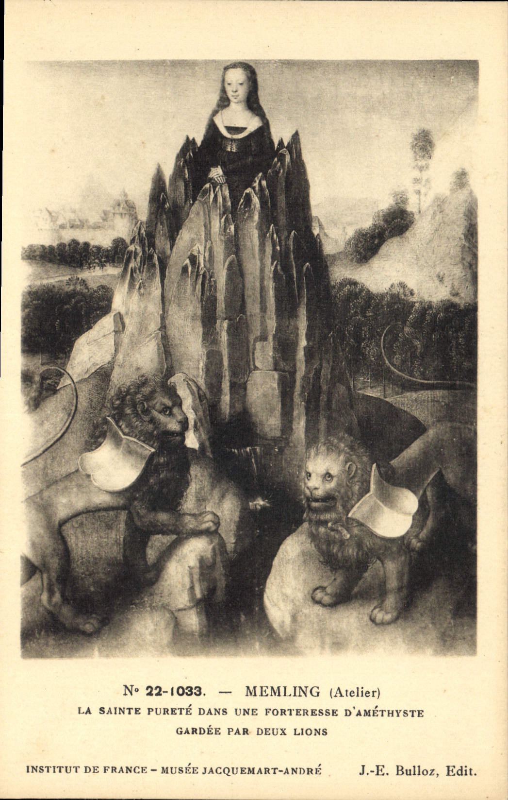 La Sainte Pureté dans une forteresse d'améthyste — gardée par deux lions — Memling (Atelier) — J.-E. Bulloz, Edit.