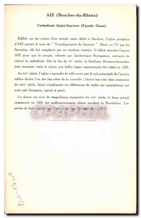 AIX (Bouches-du-Rhône) — Ansicht der Kathedrale Saint-Sauveur (Westfassade) — Sammlung Kolarsine und Solution Pautauberge, 3. Serie — Rückseite